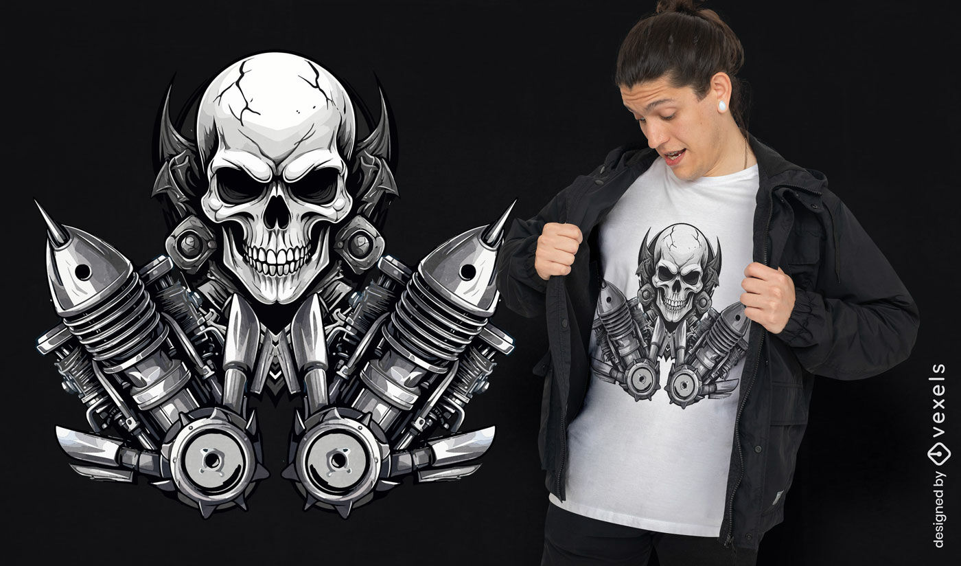 Diseño de camiseta de calavera con piezas de motor.