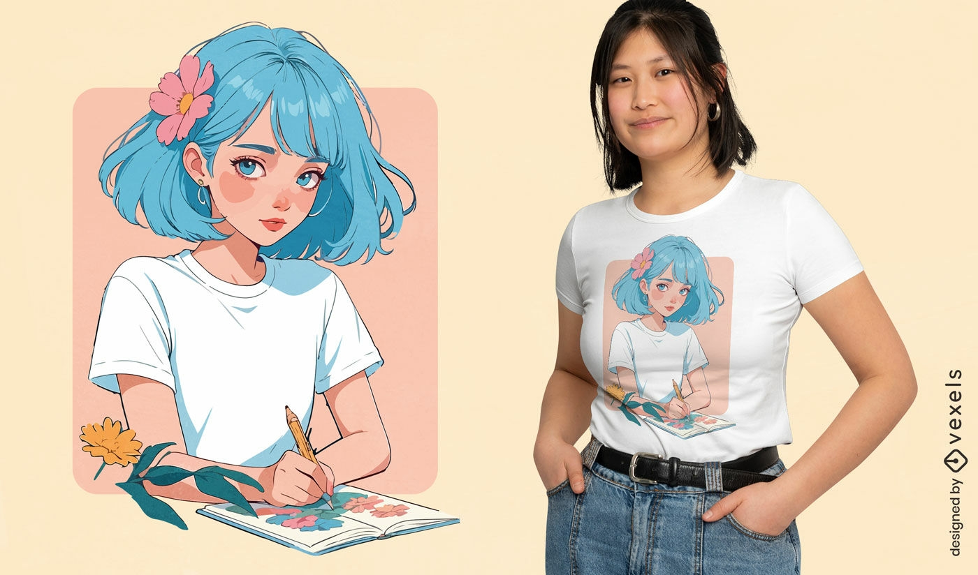 Design de camiseta com desenho de menina de cabelo azul