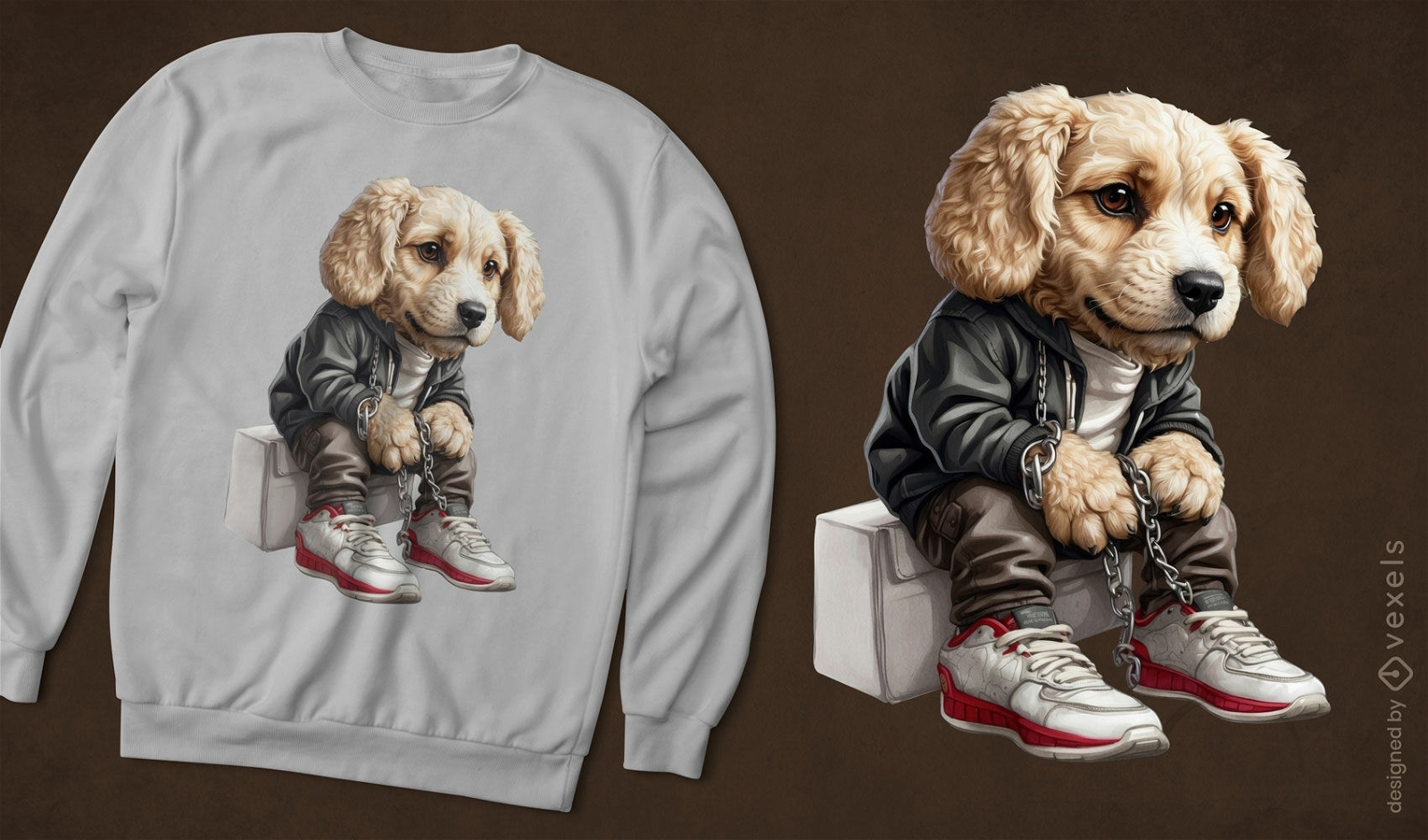 Diseño de camiseta de perro con atuendo urbano.