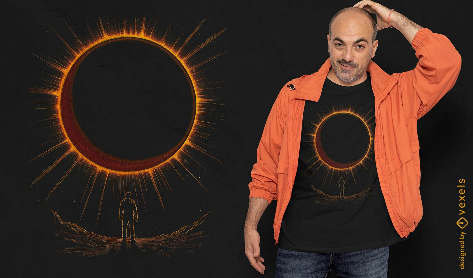 Homem observando o design de uma camiseta do eclipse