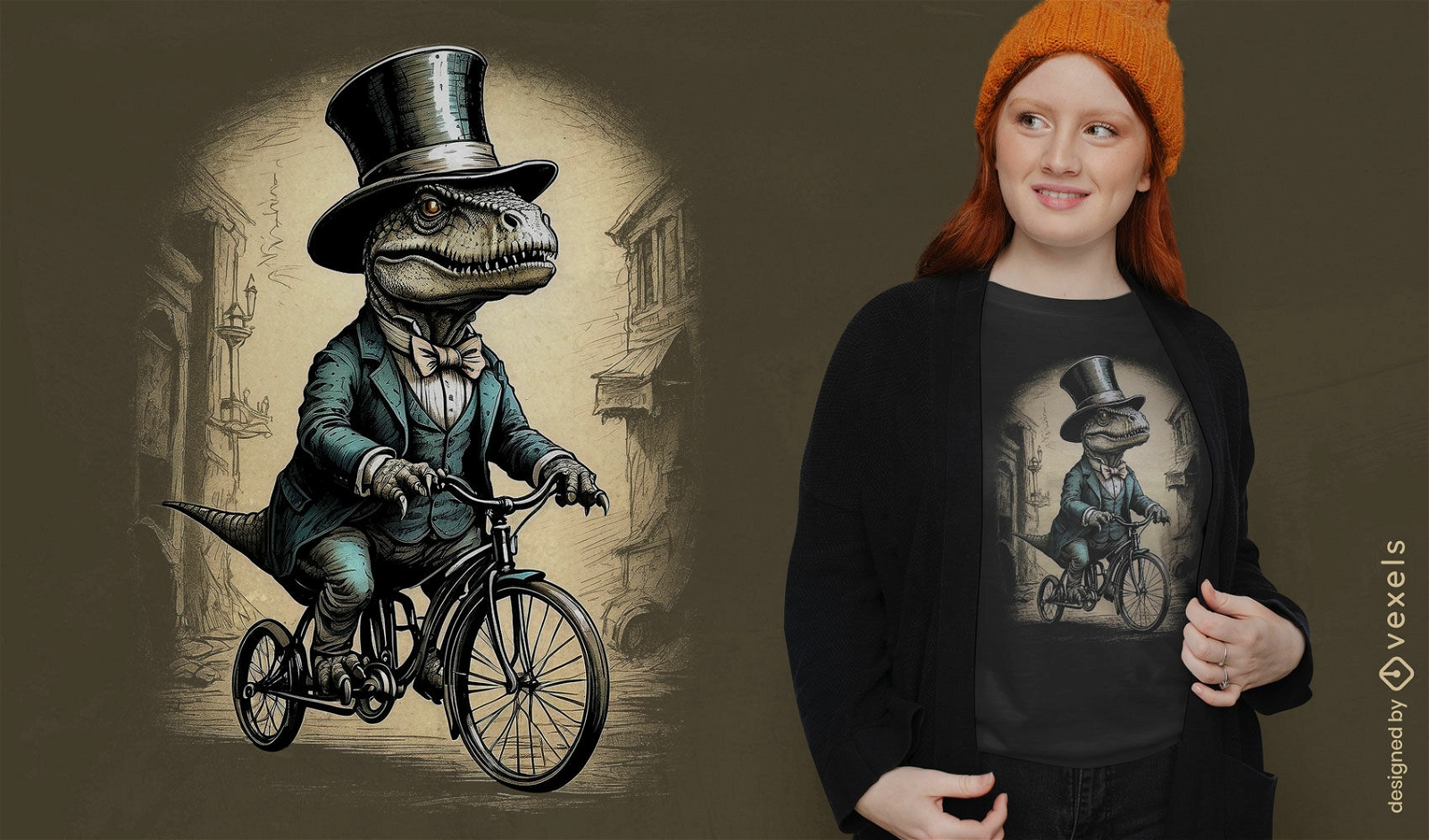 Diseño de camiseta vintage de dinosaurio en bicicleta.