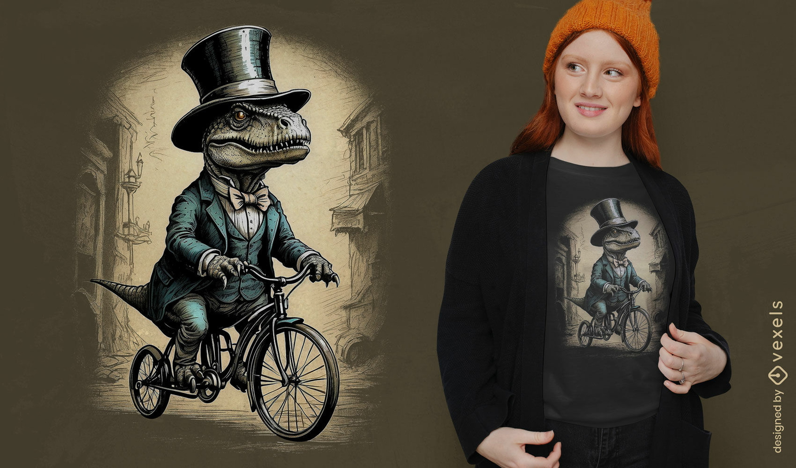 Diseño de camiseta vintage de dinosaurio en bicicleta.