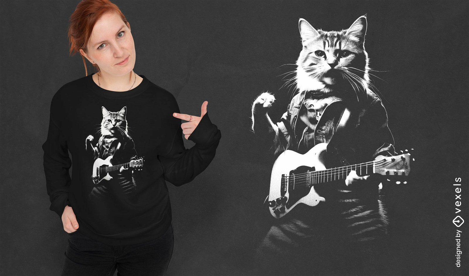 Diseño de camiseta de gato tocando la guitarra.