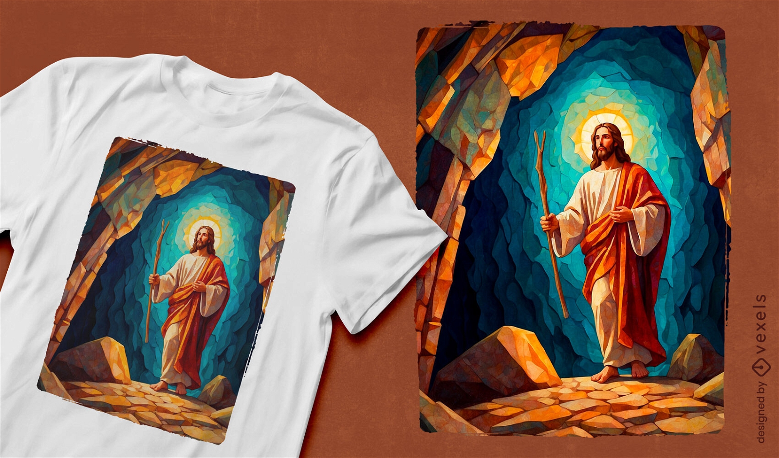 Diseño de camiseta con retrato de escena de Jesucristo.