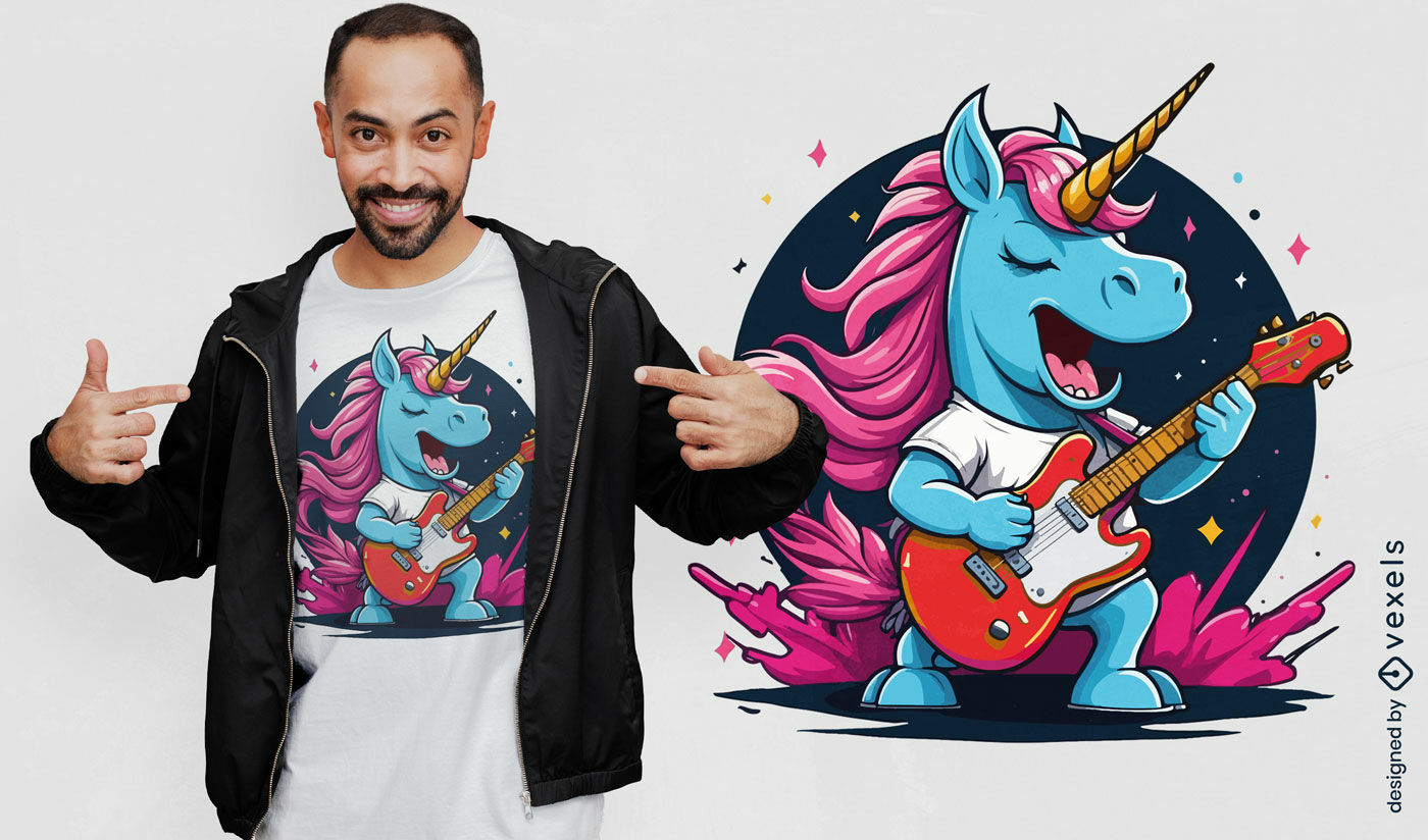 Design de camiseta de unicórnio azul tocando guitarra