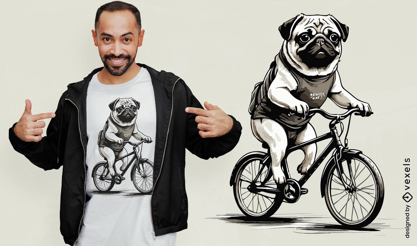 Diseño de camiseta de pug en bicicleta.