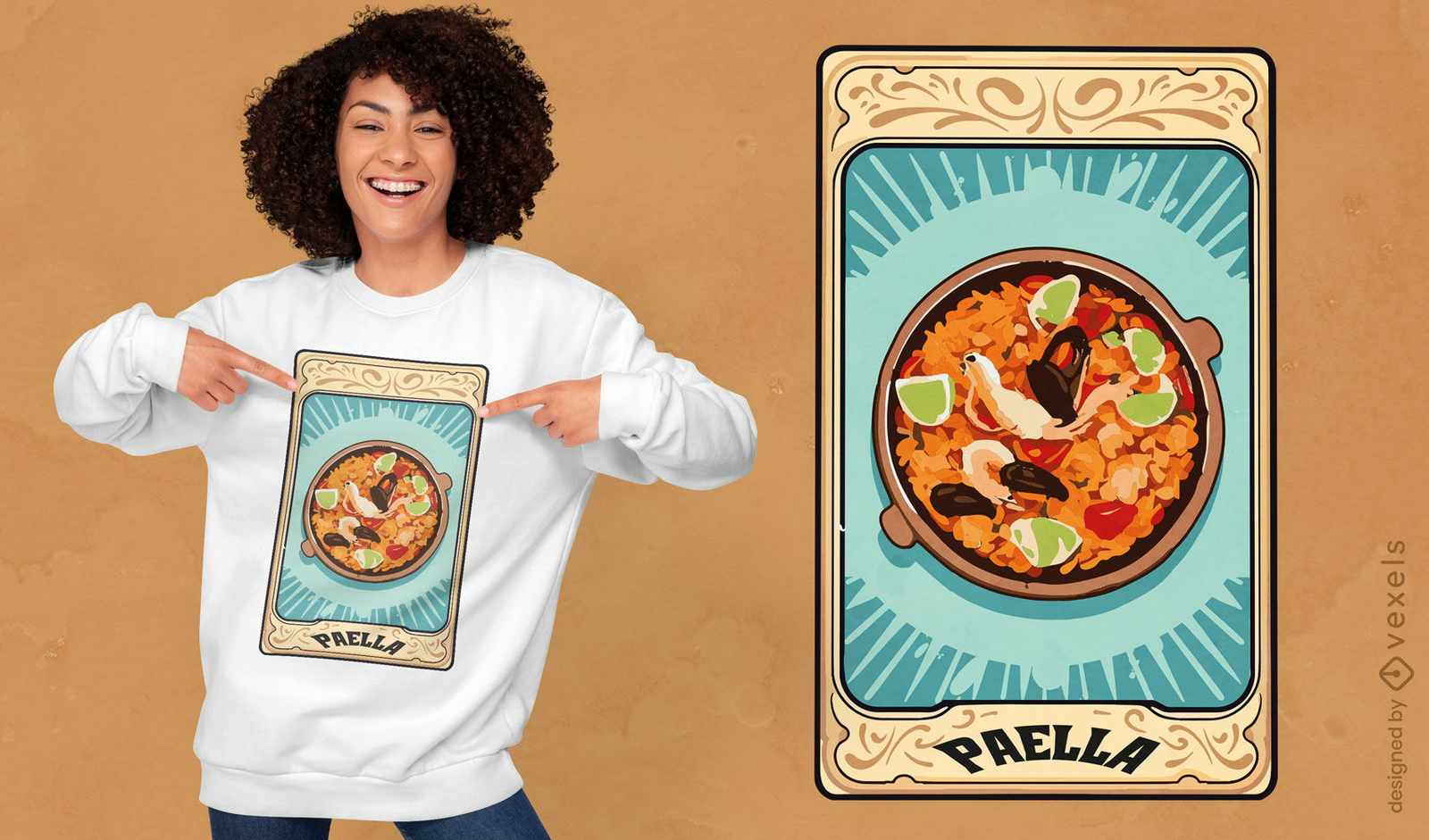 Design de camiseta paella com cartas de tarô