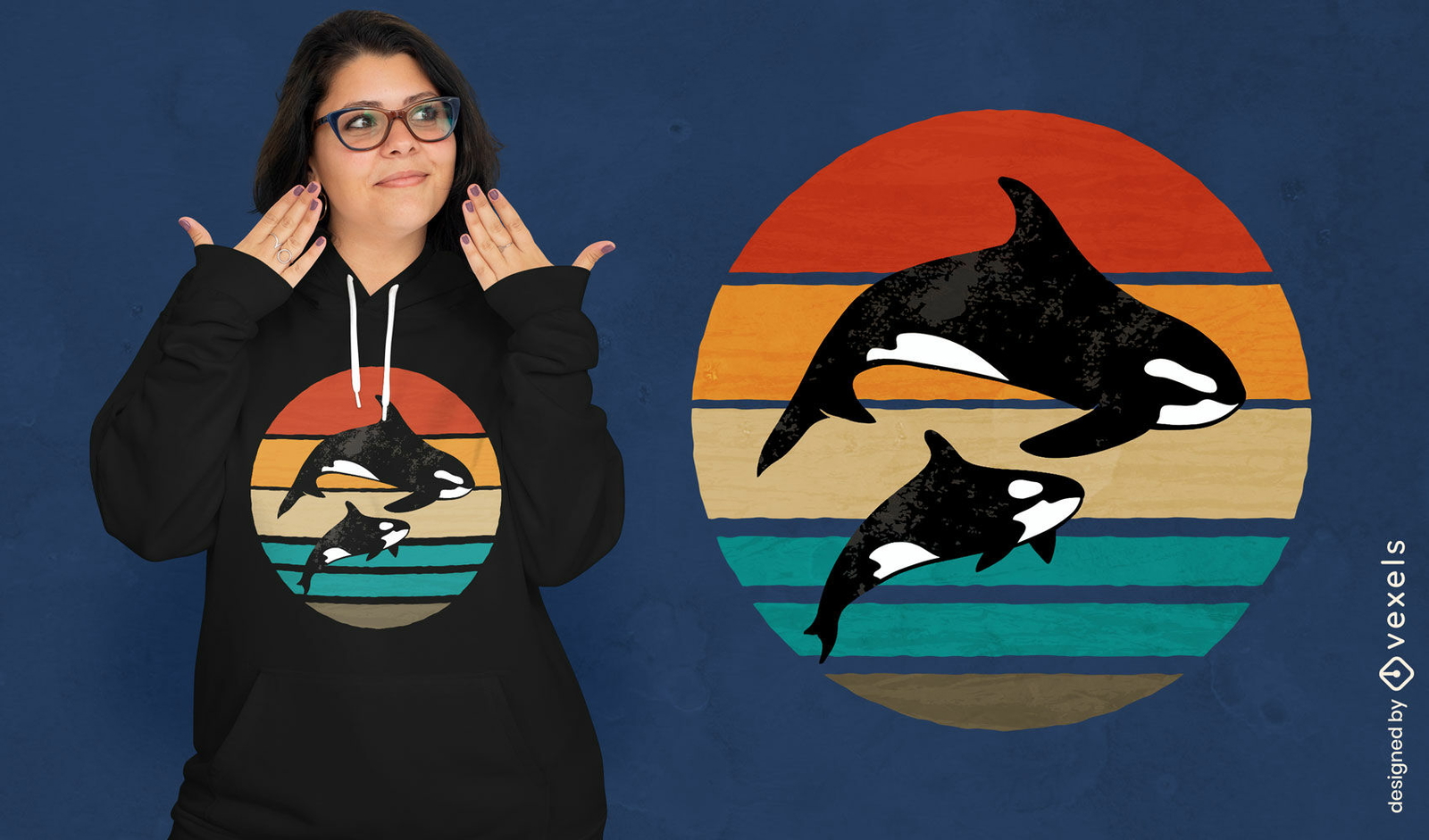 Diseño de camiseta puesta de sol de la familia orca.