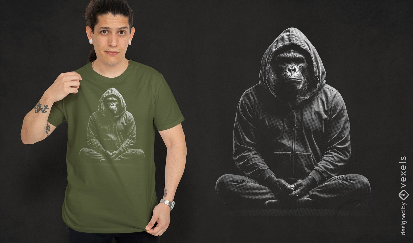 Dise?o de camiseta de gorila meditando.