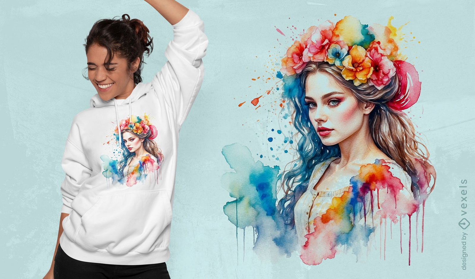 Diseño de camiseta de retrato de mujer en acuarela.