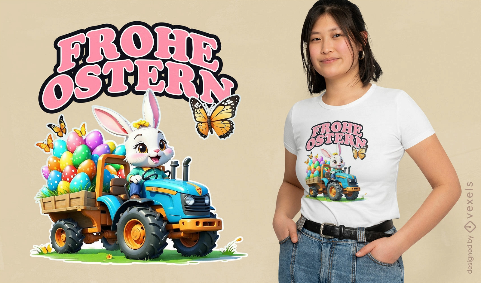 Diseño de camiseta de tractor de conejito de pascua.