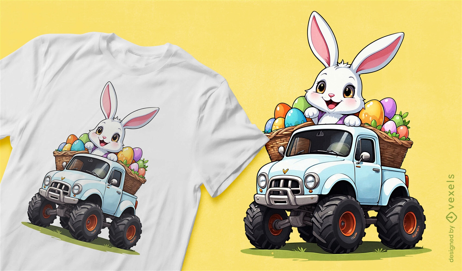 Diseño de camiseta de conejito de Pascua de camión monstruo.