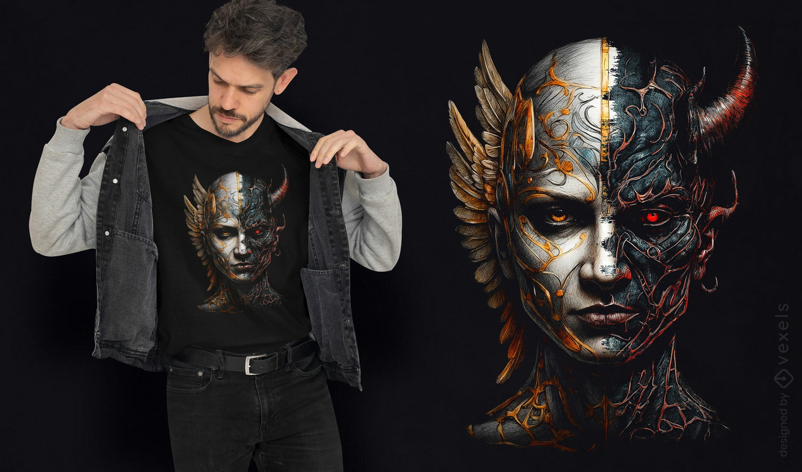 Diseño de camiseta con cara de ángel y diablo.