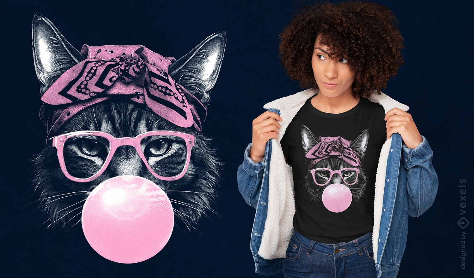Dise?o de camiseta de gato genial con gafas y chicle.