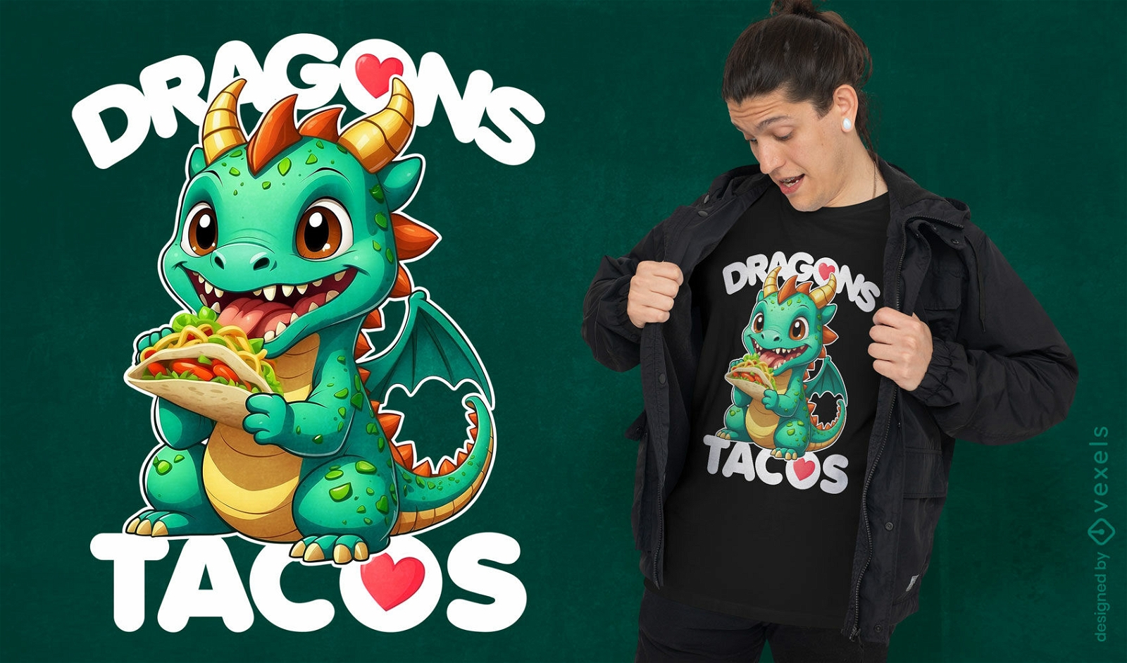 Diseño de camiseta de dragón comiendo tacos.