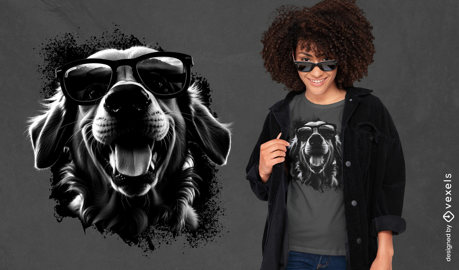 Diseño de camiseta golden retriever en blanco y negro.