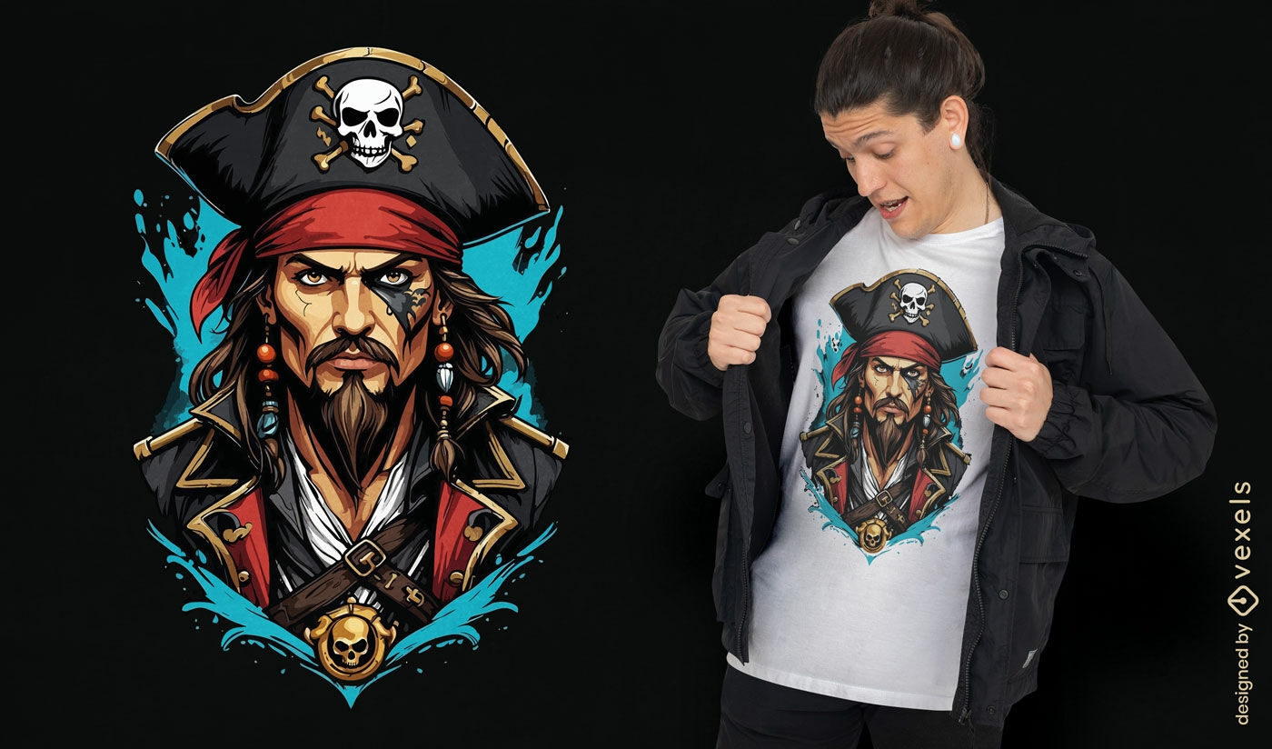 Design detalhado de camiseta com rosto de pirata