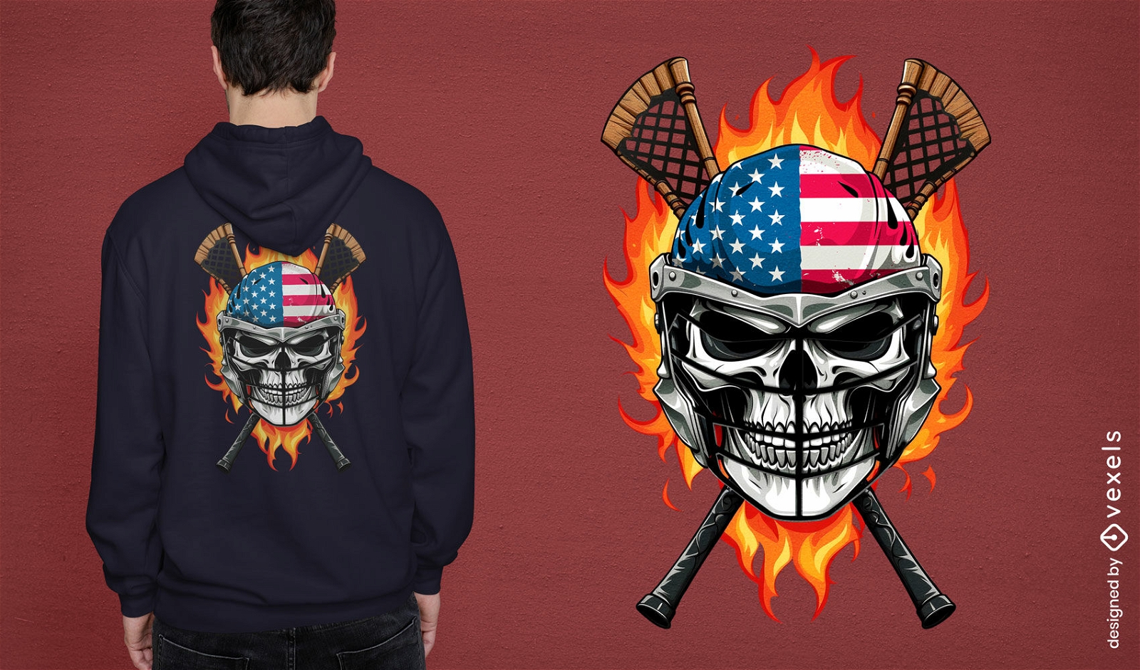 Diseño de camiseta de calavera de lacrosse patriótico.
