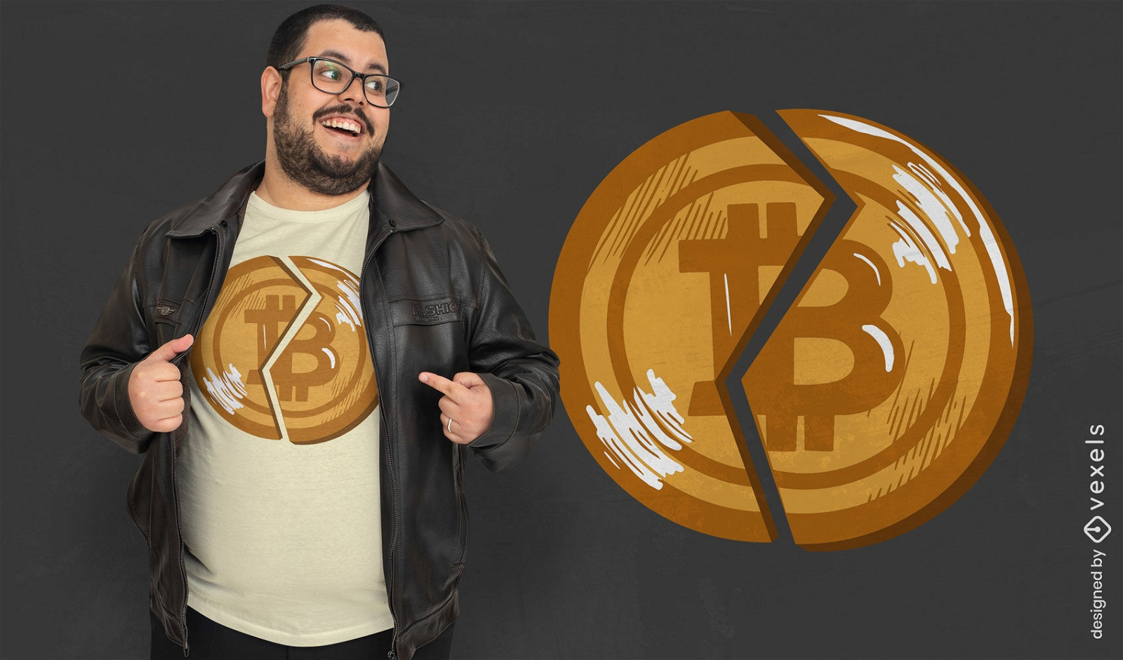 Diseño de camiseta con símbolo de bitcoin roto.