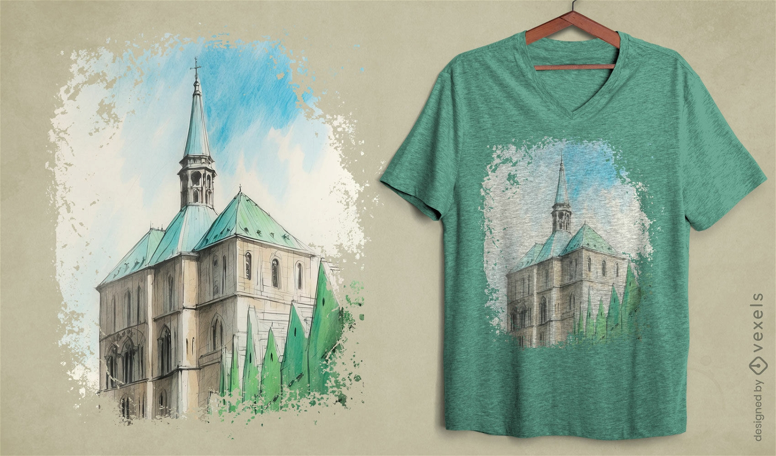 Diseño de camiseta de catedral gótica.