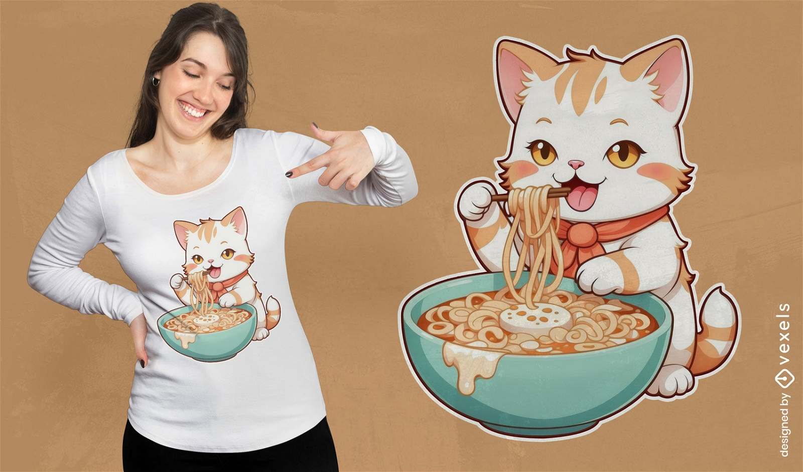 Diseño de camiseta de gato amante del ramen.