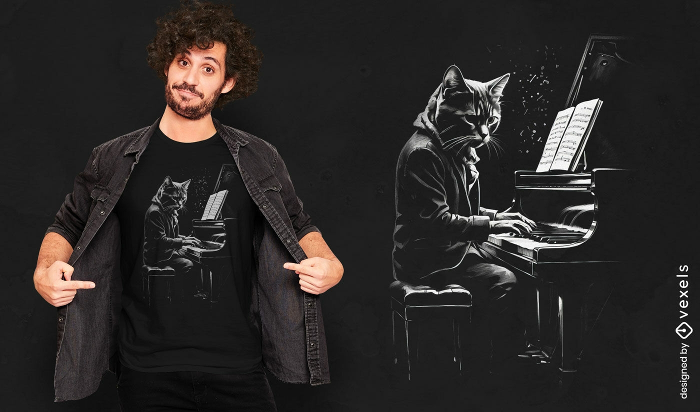 Design de camiseta de gato tocando piano