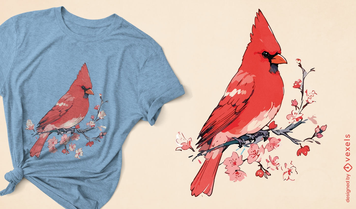 Diseño de camiseta de pájaro cardenal rojo.