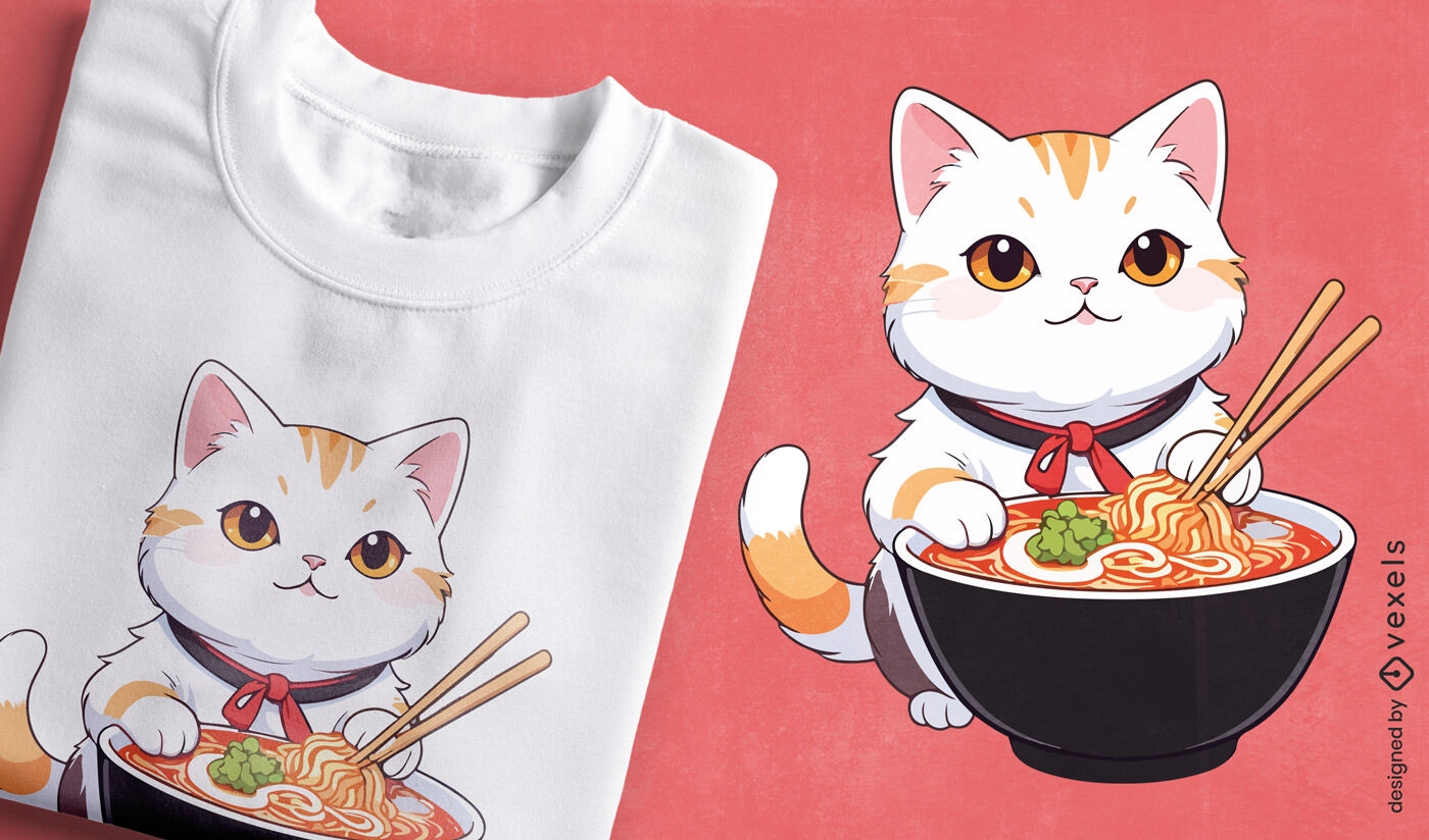 Diseño de camiseta de gatito con tazón de fideos.