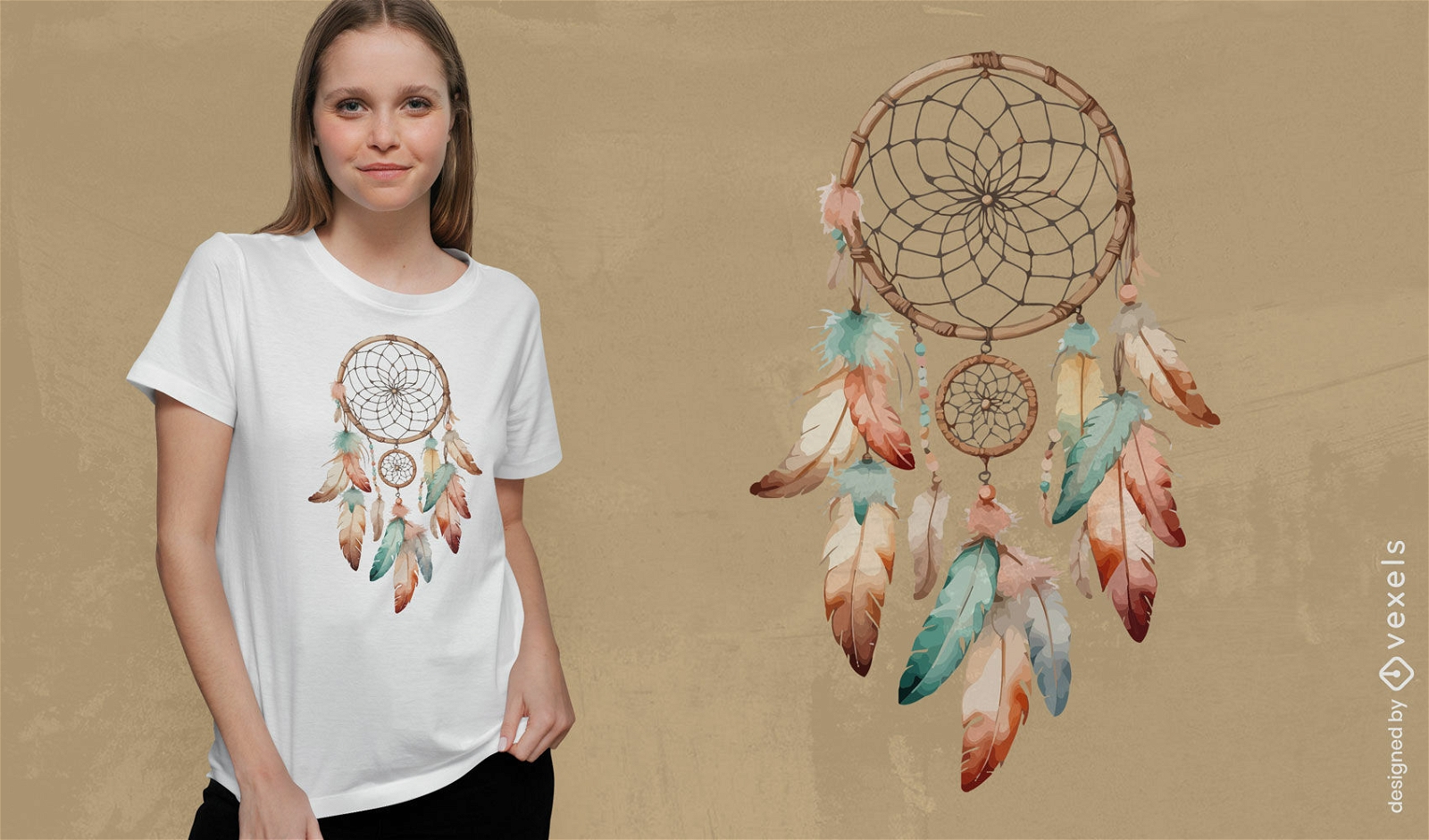 Diseño de camiseta atrapasueños con plumas.