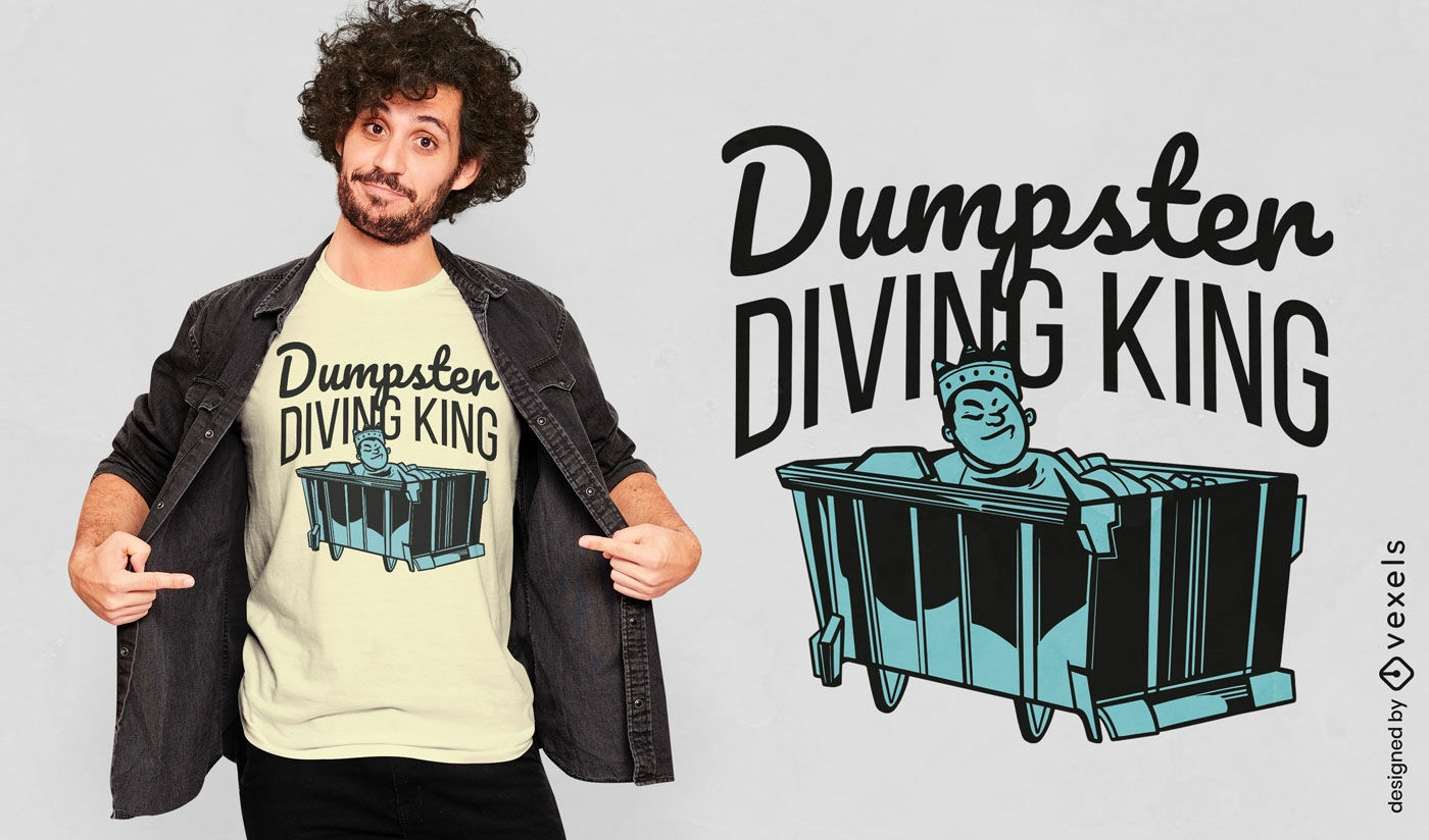 Diseño de camiseta del rey del buceo en el contenedor de basura.