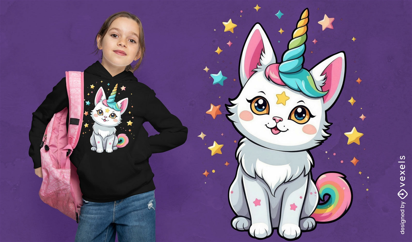 Diseño de camiseta híbrida gato unicornio.