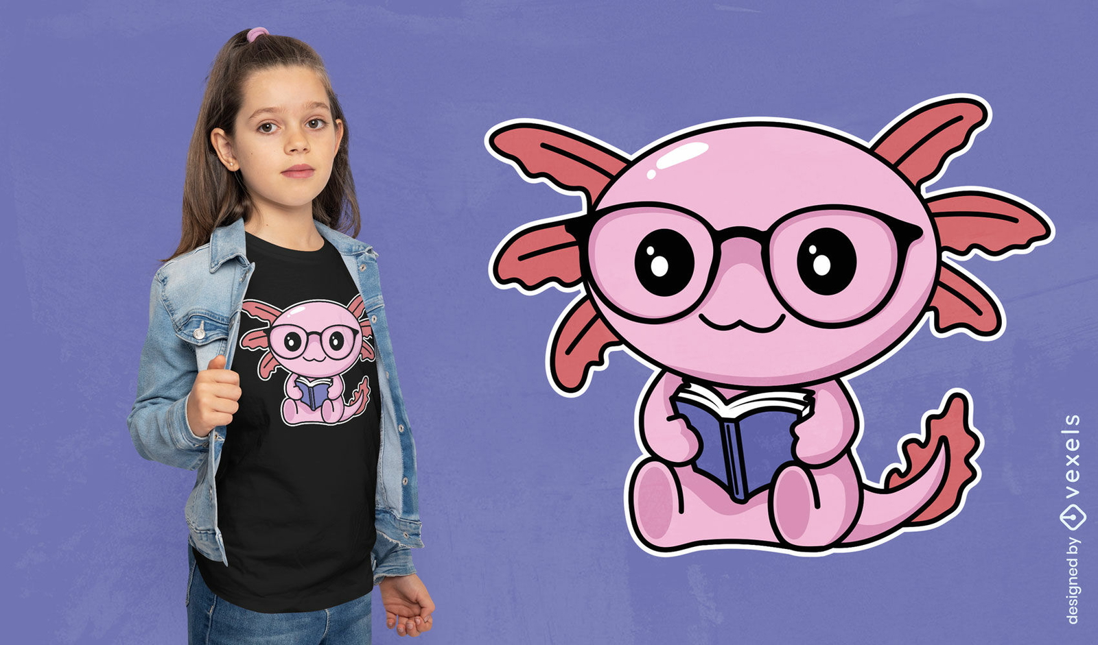 Diseño de camiseta de lectura de ajolote kawaii.