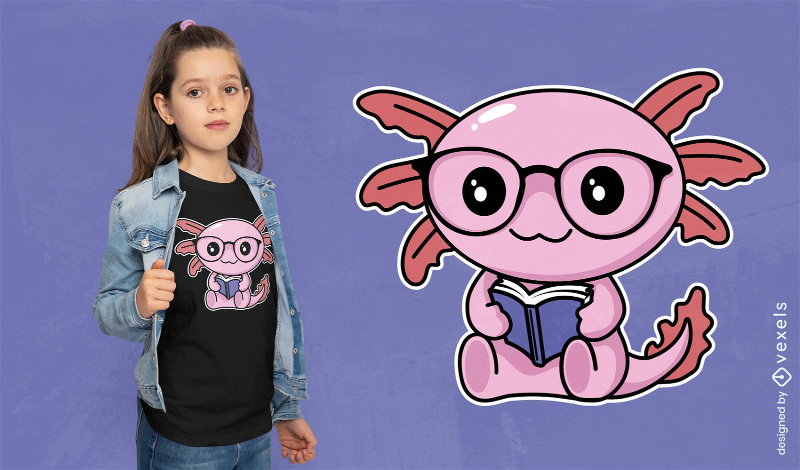 Kawaii axolotl reading t-shirt design