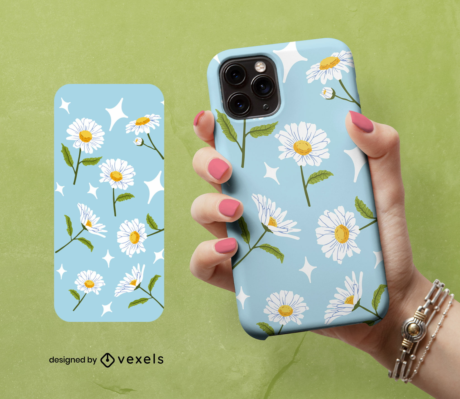 Diseño de funda para teléfono con flor de margarita.