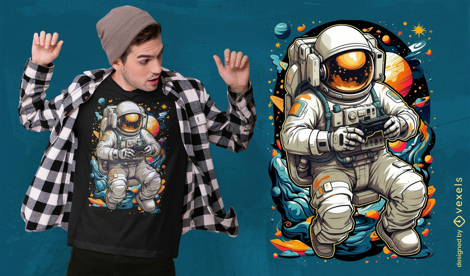 Design de camiseta astronauta gamer em tons cósmicos