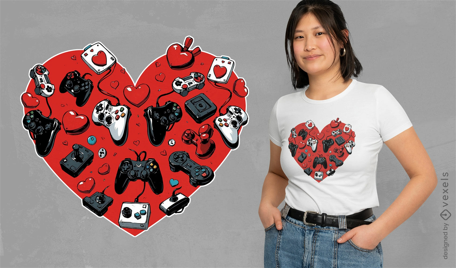 Diseño de camiseta de corazón de joystick.