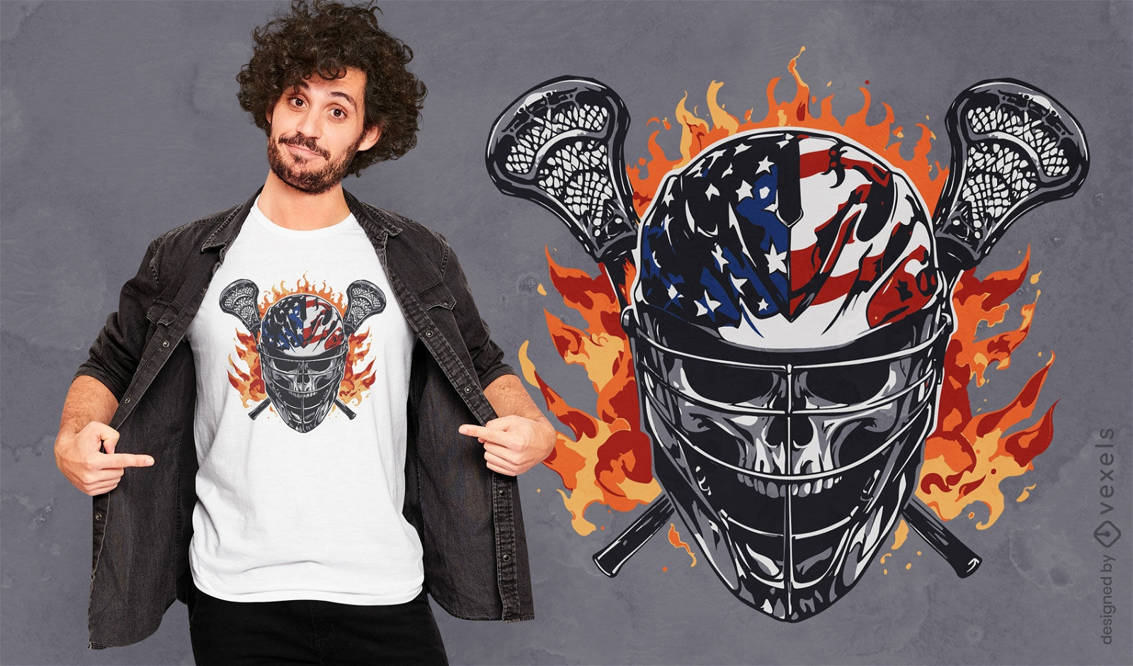 Design de camiseta com chamas de caveira de lacrosse