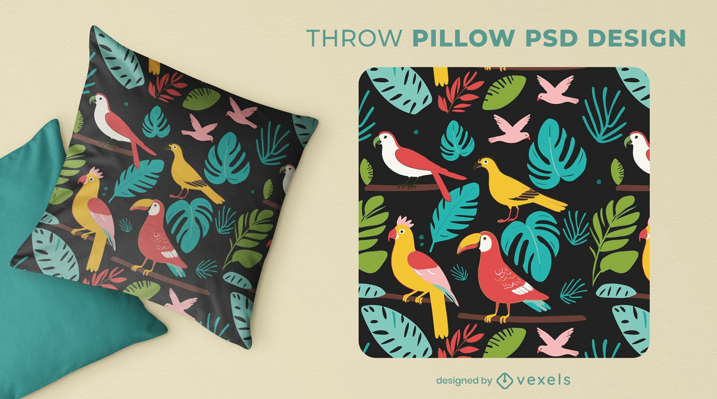 Diseño de almohada de pájaros tropicales.