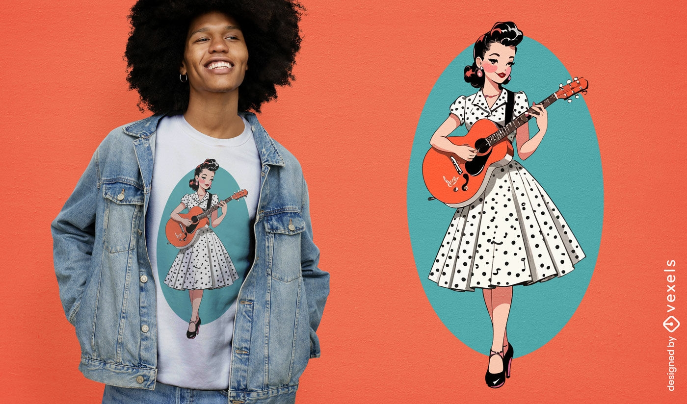Diseño de camiseta de chica pinup tocando la guitarra.