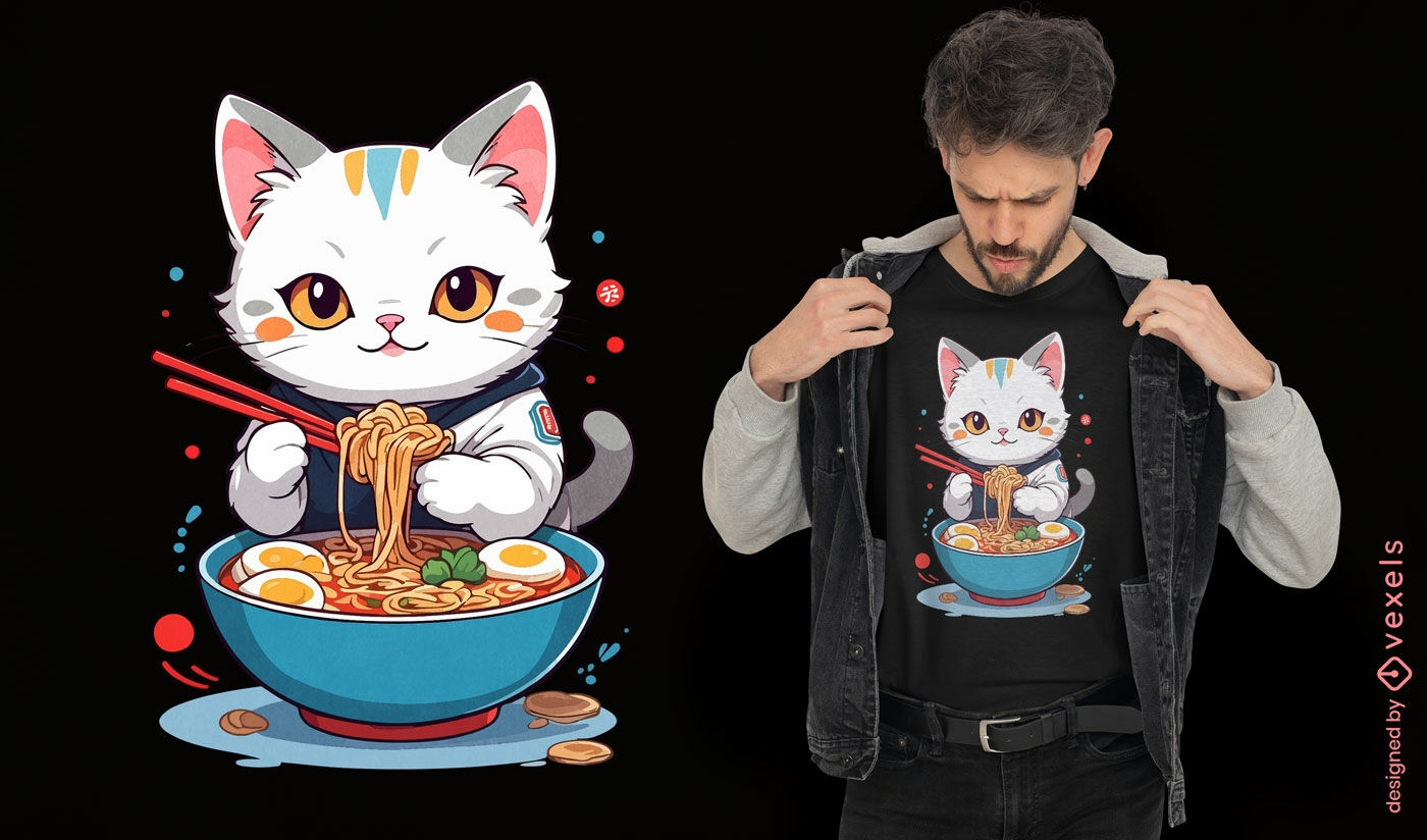 Diseño de camiseta de gato saboreando ramen.
