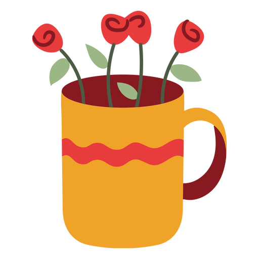 Taza de caf? con flores rojas y hojas verdes. Diseño PNG