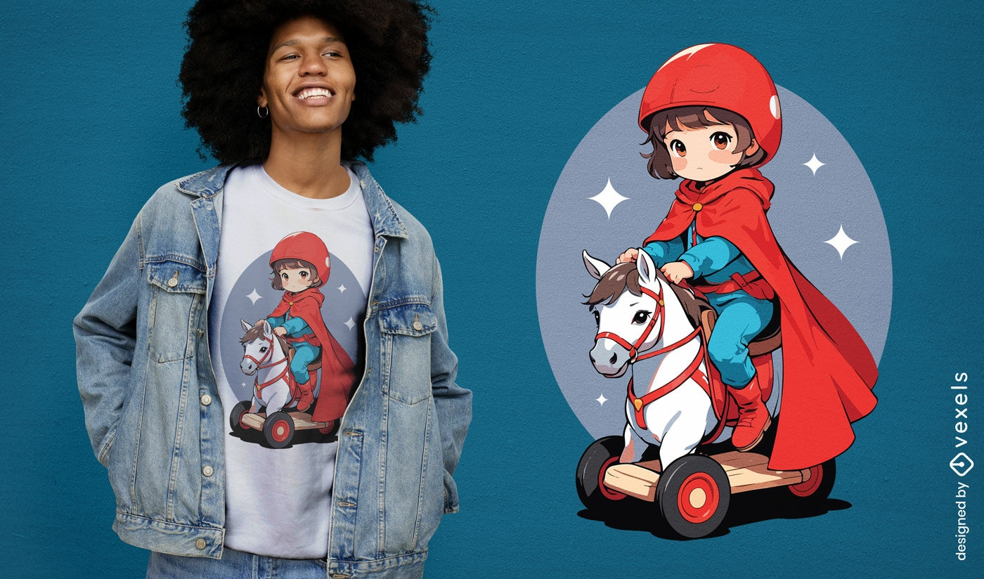 Design de camiseta de pequeno super-herói em um cavalo de brincar