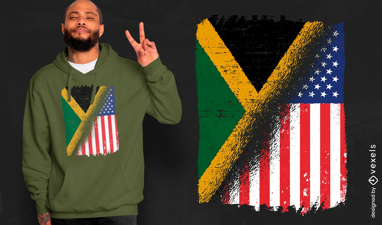 Diseño de camiseta con banderas de Estados Unidos y Jamaica.