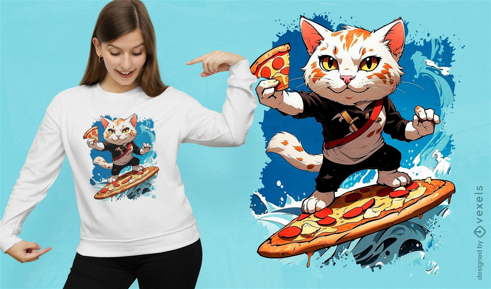 Diseño de camiseta de fiesta de pizza con gato surfista.