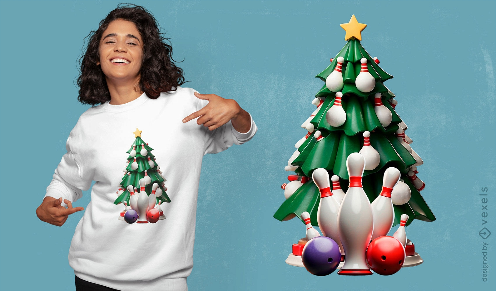Diseño de camiseta de árbol de Navidad de bolos.