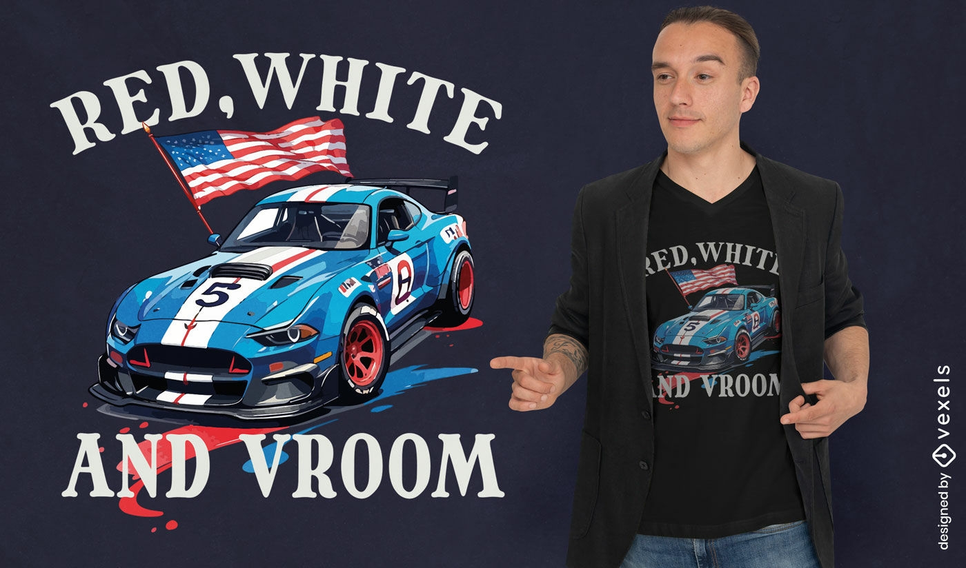 Diseño de camiseta de coche de carreras patriótico.