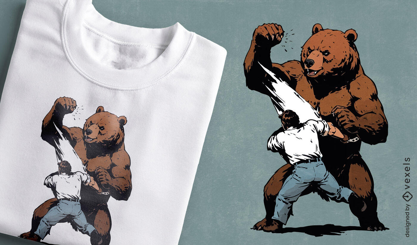 Diseño de camiseta de hombre y oso peleando.