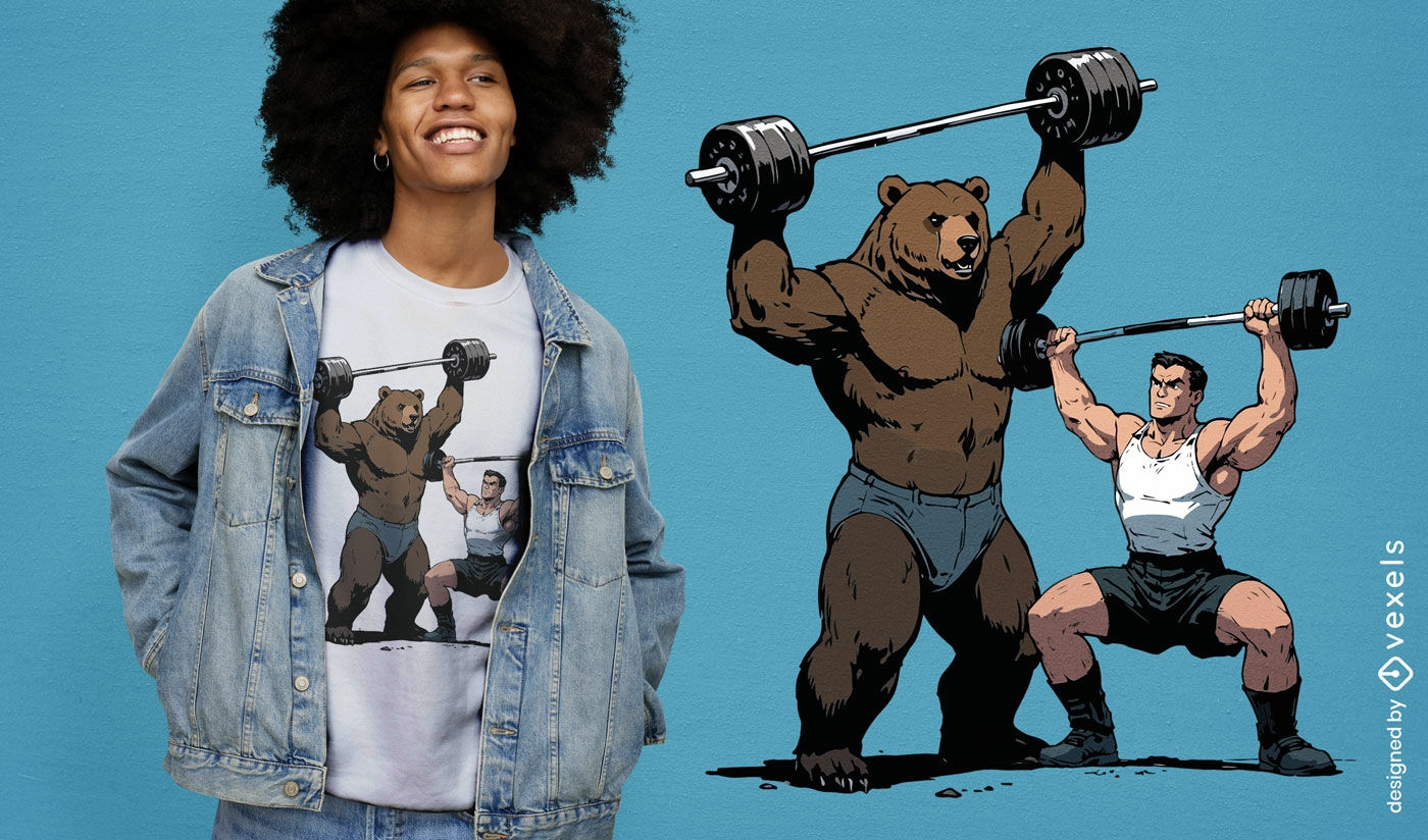 Diseño de camiseta de hombre y oso de levantamiento de pesas.