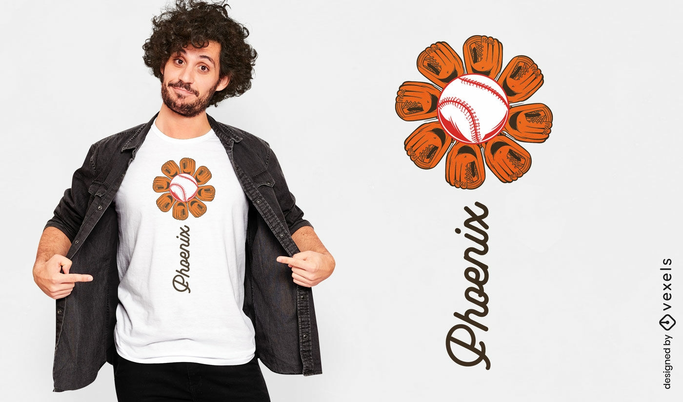 Design de camiseta com flor fênix de beisebol
