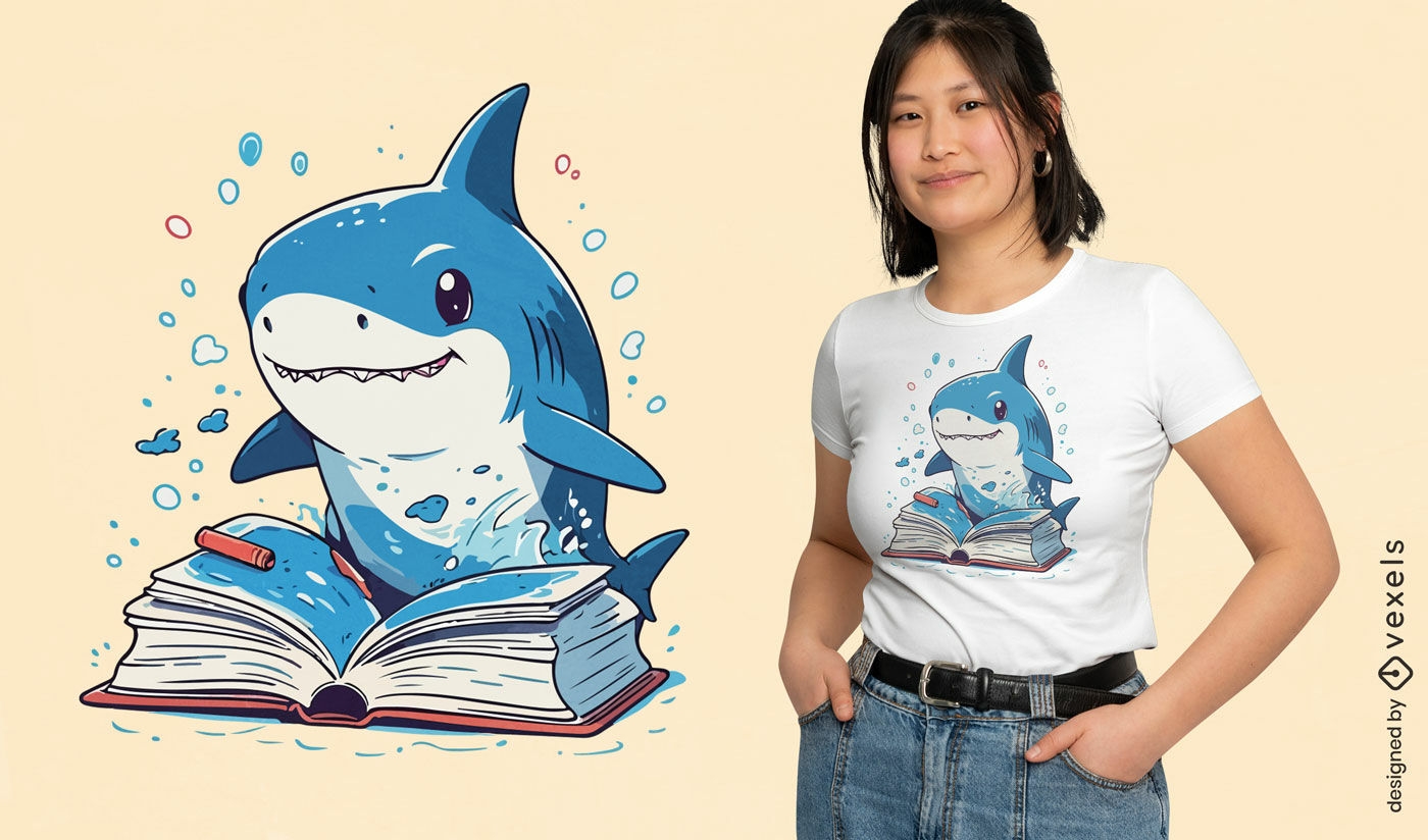 Diseño de camiseta de tiburón leyendo.